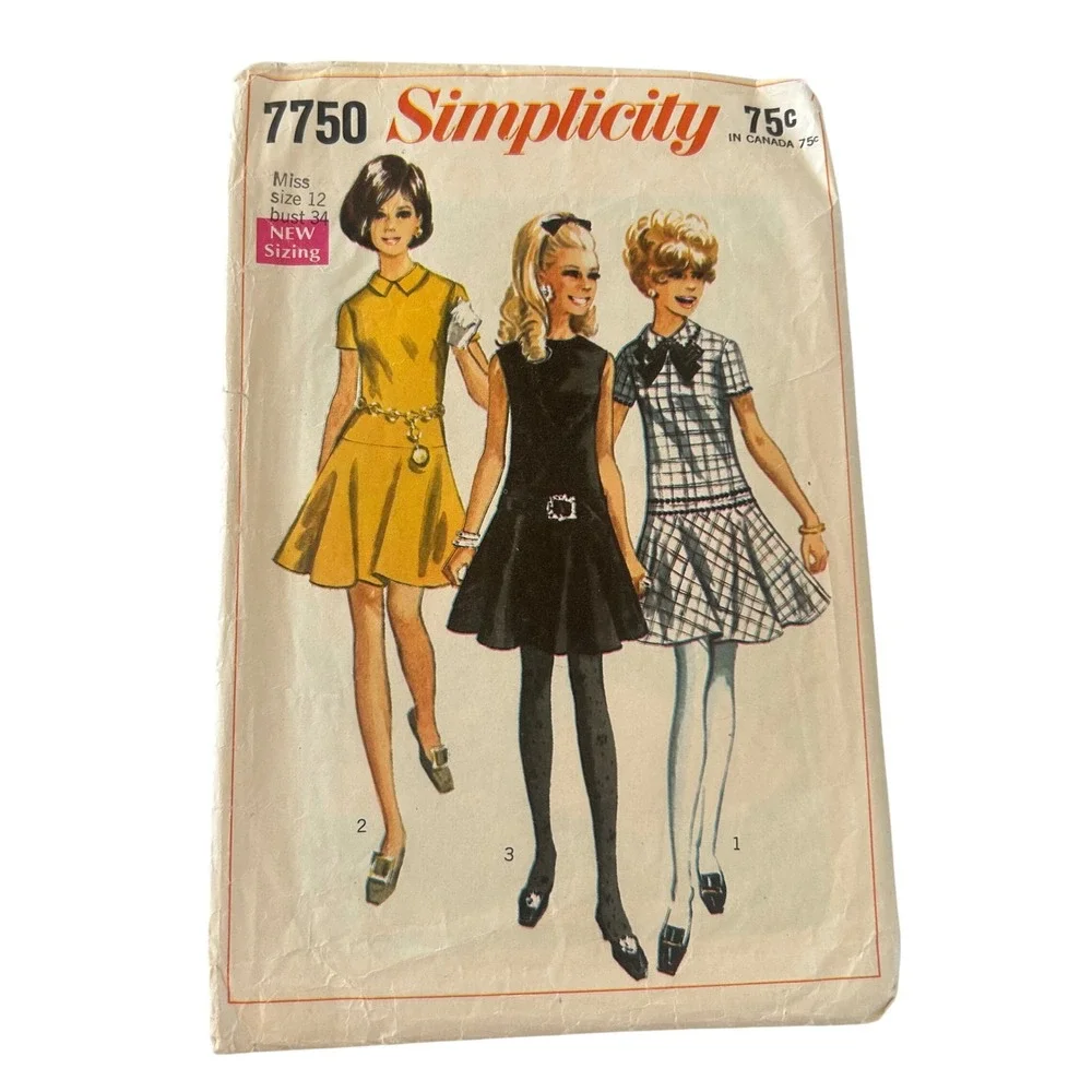 Simplicity 7750 Sewing Pattern Miss 12 Multicolor 1960s Mod Dress Cut Vintage